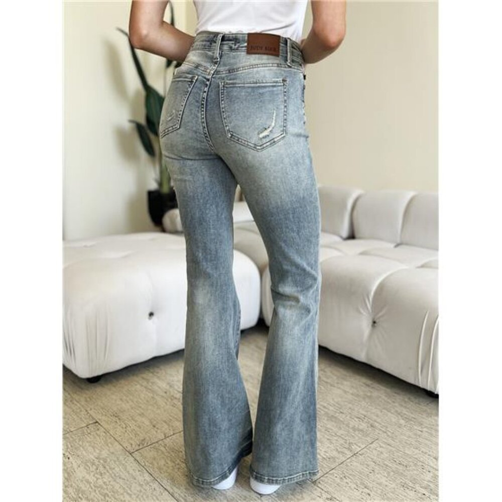NWT π Judy Blue Mid Rise Flare Jeans, Faded Detailing, Reg and Plus Sizes - Picture 5 of 9